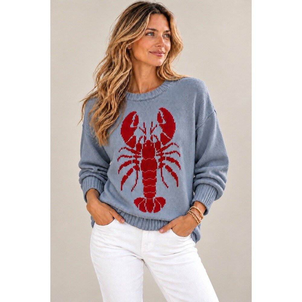 NWT Women's Lobster Nautical Sweater Blue Red Pullover Size S Mighty Fine